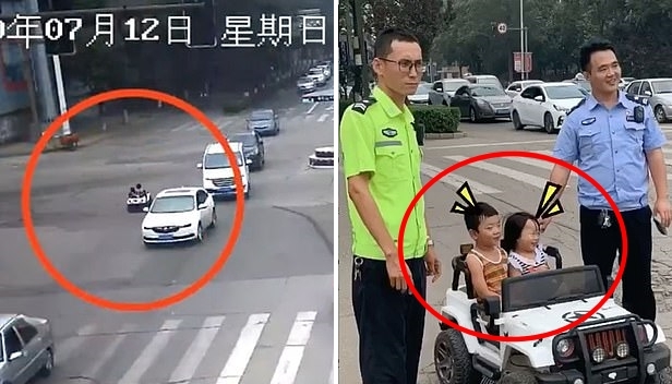 장난감 자동차를 타고 실제 도로로 나와 역주행 하는 중국의 두 아이, 오른쪽은 아이들을 발견한 경찰관들의 모습