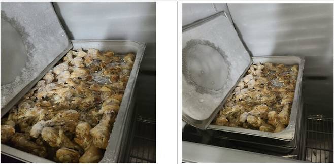 지난 6월30일 닭다리 삼계탕으로 배식하고 남은 닭다리를 아직도 냉동실에 보관하고 있는 모습. 전국학교비정규직노조 강원지부 제공