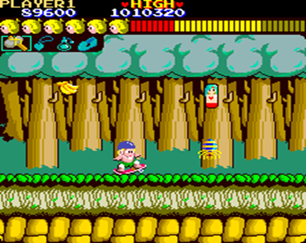 (스케이드보드를 타면 체력이 소진되지 않고 적과 1번 부딪혀도 죽지 않는다)