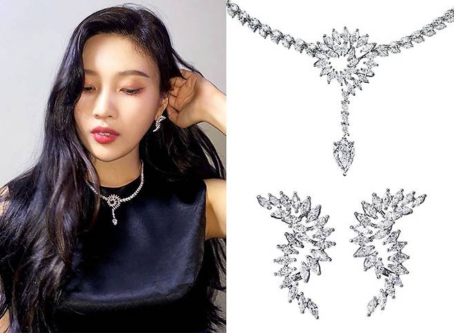 그룹 레드벨벳 조이, 타사키 스피너 컬렉션 목걸이와 귀걸이/사진=조이 인스타그램, 타사키 공식 홈페이지