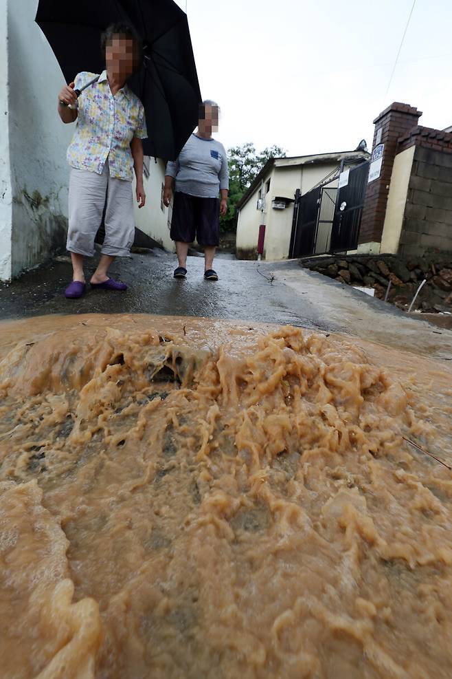 29일 전남 영광군 영광읍 주택가 골목에서 주민들이 하수구에서 역류하는 흙탕물을 살펴보고 있다. 연합뉴스