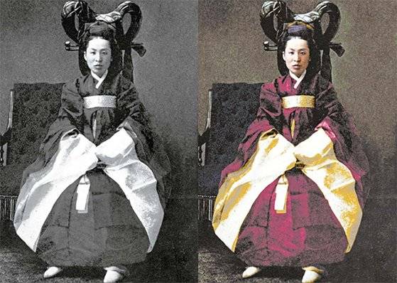 『역사의 색』에 실린 명성황후 사진. 왼쪽 흑백사진에 컬러를 입혔다. 사진의 주인공이 실제 명성황후인지는 확인되지 않았다. [사진 윌북]