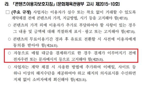 문화체육관광부의 ‘콘텐츠이용자보호지침’ 고시.