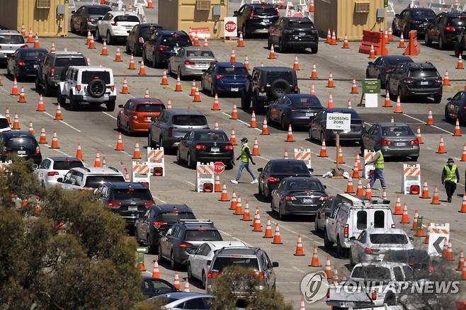 LA다저스 홈구장에서 코로나19 검사 기다리는 차량 행렬 [AP=연합뉴스 자료사진]