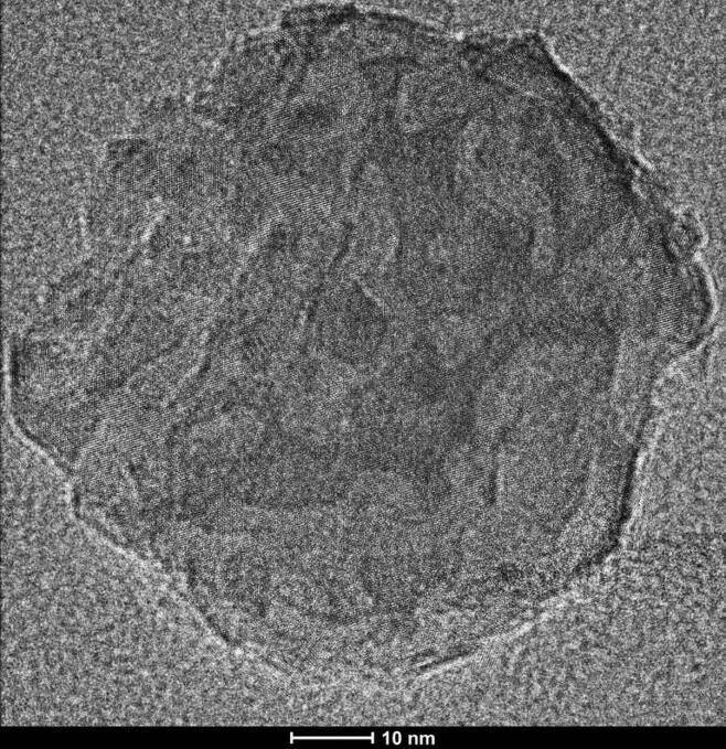 갯가재의 앞발은 특수 구조로 결합한 나노 입자로 뒤덮여 있다. 투과전자현미경(TEM)으로 본 나노 입자의 이미지.(사진=키사일러스 교수 연구실/UCI)