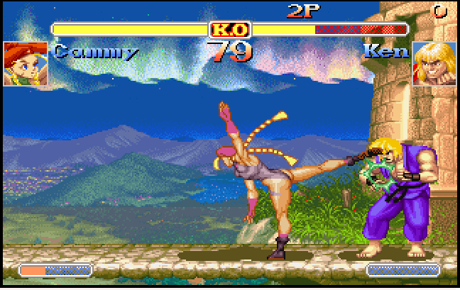(CPS2 시스템의 성능을 통해 화려한 오로라 배경을 보여준 '슈퍼 스트리트 파이터2' 캐미 스테이지)