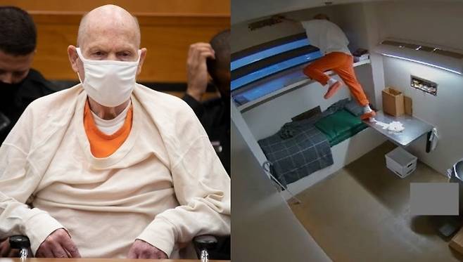 지난 20일 법정에 휠체어를 타고 출석한 드앤젤로와 독방에서의 모습. 사진=AFP 연합뉴스, 새크라멘트 검찰