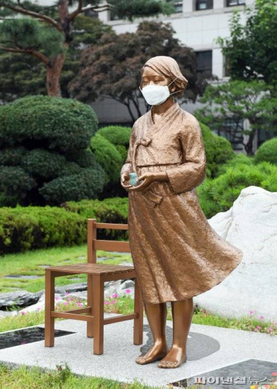 마스크 쓴 안산시청 앞 평화의 소녀상. 사진제공=안산시