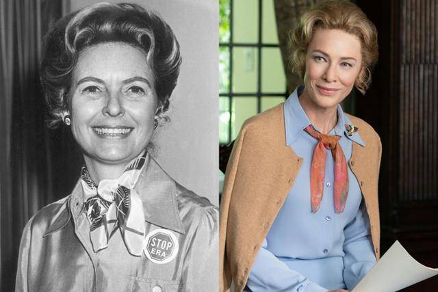 케이트 블란쳇은 1970년대 미국 정치판을 뒤흔든 실존 인물 '필리스 슐래플리'(왼쪽)를 연기해 에미상 여우 주연상 후보로 올랐다. 왓챠 제공