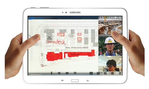 본사와 현장은 태블릿 등을 통해 연결된 현장업무 모바일시스템으로 설계 도면과 각종 서류를 확인하고, 화상 커뮤니케이션을 통해 업무 효율성을 높인다. 삼성물산 제공