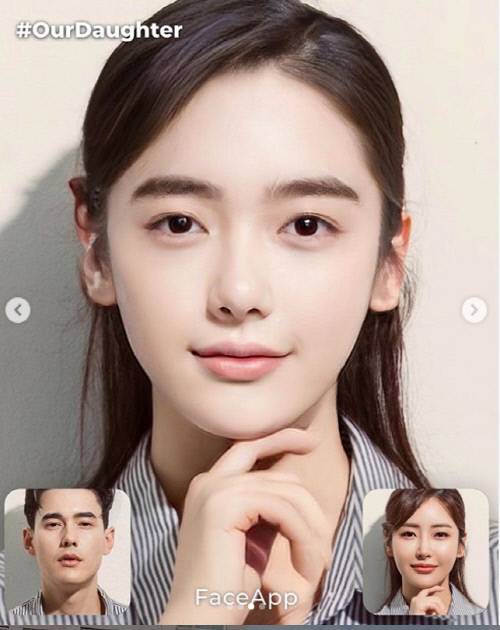 모델 장민의 아내 강수연이 31일 페이스앱을 이용해 두 사람의 2세 얼굴을 예측해본 결과를 공개해 화제를 모았다. 출처|강수연SNS