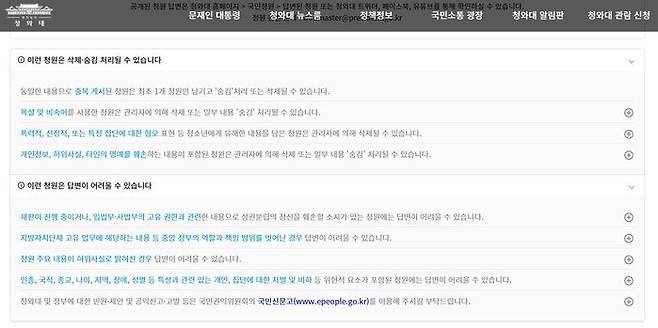 청와대 국민청원 '삭제·숨김' 기준