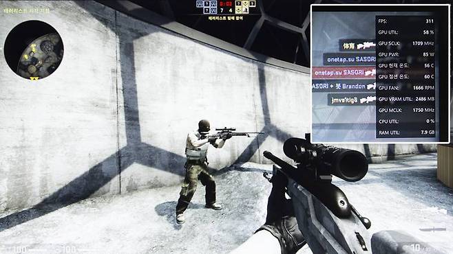 카운터스트라이크 : 글로벌 오펜시브 플레이에서 게임 화면 300 프레임, 모니터 240Hz로 초당 240회 화면이 재생되는 상태다. 출처=IT동아