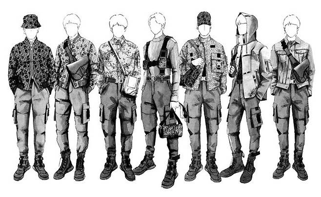 디올 남성복 디자이너 킴 존스가 공개한 BTS의 월드 투어 의상 스케치.