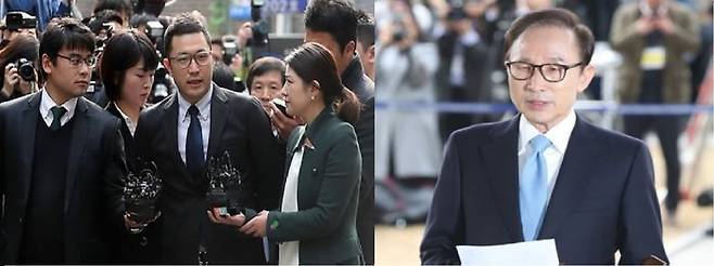 2012년 내곡동 사저 의혹 특검에 출석한 이시형 씨(좌), 2018년 서울중앙지검에 출석한 이명박 대통령