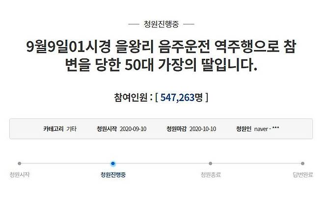 지난 9일 음주운전 차량에 치여 사망한 50대 가장의 딸이 10일 청와대 청원게시판에 글을 올렸다. 이 청원은 사흘 만에 50만명 이상의 동의를 얻었다./인터넷 캡처