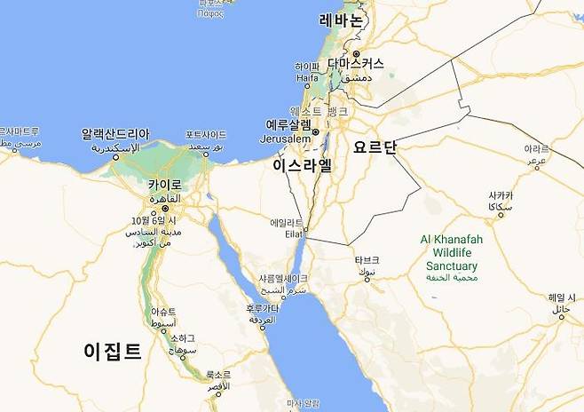 이스라엘, 이집트, 요르단이 포함된 지도.[구글 캡처]