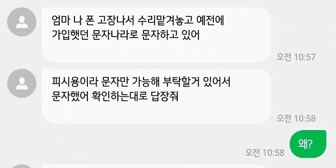 기자의 가족에게 온 보이스피싱 의심 문자