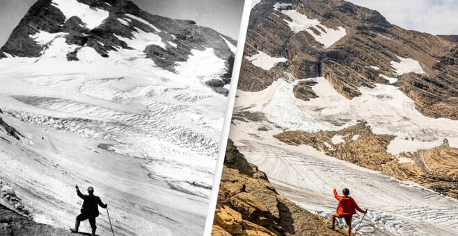 1913년 촬영된 잭슨 빙하(사진 왼쪽)와 오늘날의 잭슨 빙하 모습.
