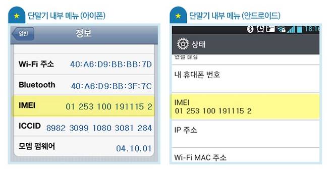 스마트폰 내에서 단말기 고유 식별번호(IMEI) 확인 방법 [이동전화 단말기 자급제 사이트 캡처]