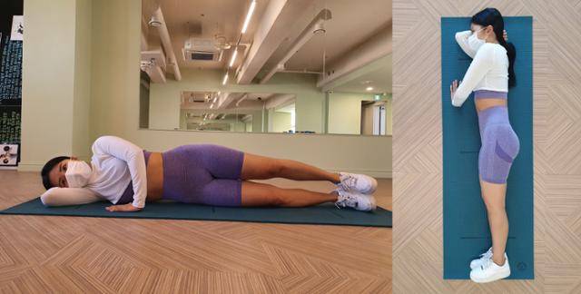 사이드 레그 레이즈를 할 땐 옆으로 반듯하게 누워야 한다. 중심을 잡기 힘들 땐 손으로 땅을 짚어도 된다. 피트니스위 제공