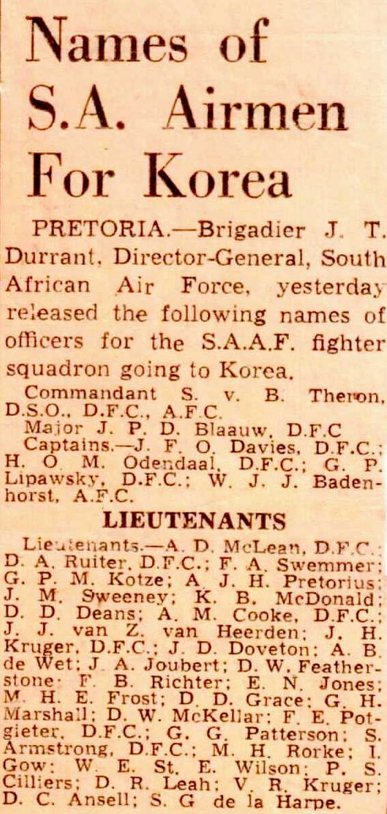 Names of first pilots dispatched to the Korean War, published in a newspaper in South Africa on Aug. 28, 1950. [SOUTH AFRICAN KOREAN WAR VETERANS ASSOCIATION]