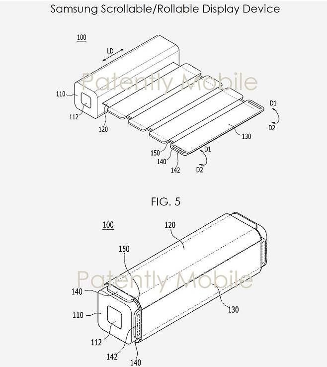 미국 특허청이 지난 달 공개한 삼성전자의 스크롤러블·롤러블 디스플레이 장치 특허. [페이턴틀리애플 출처]