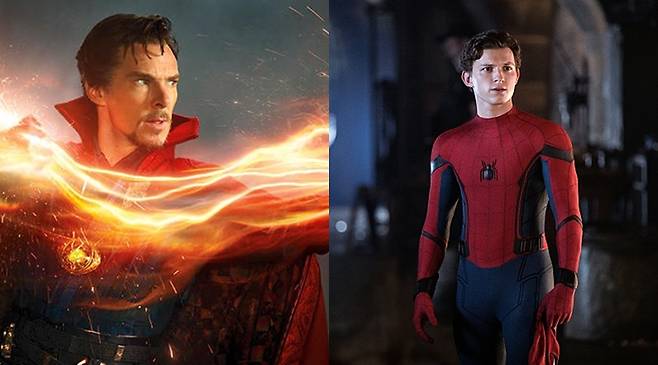 ▲ '닥터 스트레인지'의 베네딕트 컴버배치(왼쪽)과 '스파이더맨 파 프롬 홈'의 톰 홀랜드. 출처|월트디즈니컴퍼니코리아, 소니