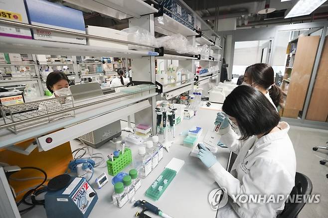 지난 4월 코로나19 치료제 연구하는 한국파스퇴르연구소 연구원들 [연합뉴스 자료사진]