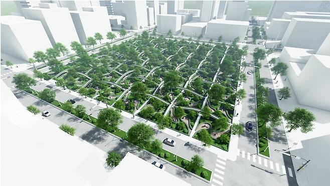 서울시 포스트코로나 건축 공모전 일반 부문 대상작 비대면 공원 ‘디 인비저블 페이스마스크’(the invisible facemask) 이미지. 서울시 제공