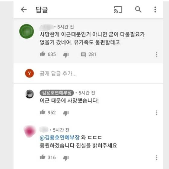 이근 측이 공개한 김용호연예부장의 댓글 [사진 유튜브 캡처]