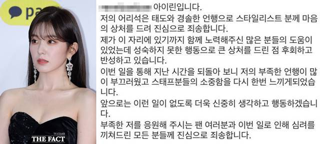 아이린이 22일 밤 9시 갑질 논란에 입을 열었다. 그는 피해 받은 스타일리스트에 관해 미안하며 사과문을 올렸다. /더팩트DB·아이린 SNS