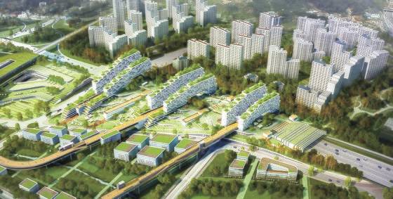 도시재생 사업으로 추진 중인 서울시 신내 컴팩트 시티 조감도. 도로와 공원·아파트 등을 연결했다. [사진 각 건축사무소]