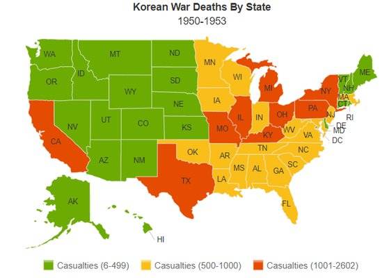 6.25전쟁 전사자를 기리고 실종자를 찾는 사업을 벌이는 한국전쟁 프로젝트의 홈페이지에 있는 미국의 주별 6.25전쟁 희생자 현황. 녹색은 6~499명, 노란색은 500~1000명, 붉은색은 1001~2602명의 희생자를 낸 주다. 사진=한국전쟁 프로젝트 홈페이지