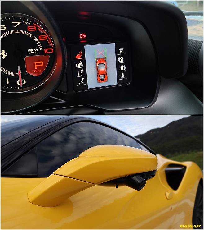 슈퍼카 주제에(?) 서라운드뷰도 제공한다. 대신 '카툭튀' 사이드미러를 참아야한다. 디스플레이는 해당 차 색깔도 반영한다