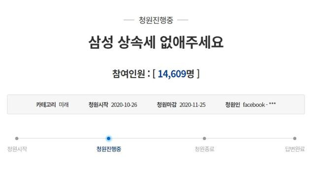 25일 청와대 국민청원 게시판에 올라온 '삼성 상속세 없애주세요' 청원. 청와대 국민청원 캡처