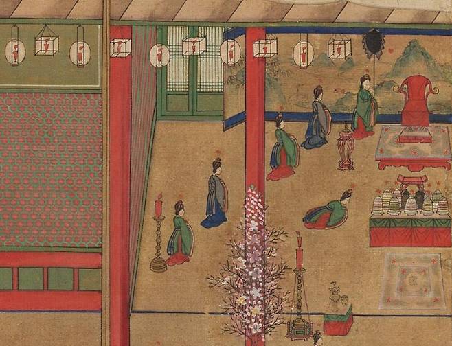 1901년 신축진찬도 병풍에 담긴 궁궐 밤잔치 풍경. 다양한 조명이 매달려 있다 [국립고궁박물관 제공]
