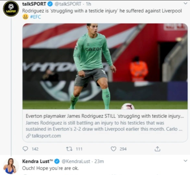 포르노 배우 켄드라 러스트가 하메스 로드리게스의 부상 소식에 위로의 메시지를 전했다. /사진=더 선 보도화면 캡처