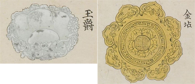 ‘기사진표리진작의궤’(1809)에 그려진 ‘옥작’(왼쪽 사진)과 옥작 받침인 ‘금점’ 도설(오른쪽 사진). 혜경궁 홍씨만 사용할 수 있었다. 이 의궤는 순조가 할머니인 혜경궁 홍씨의 관례(성인 의식) 60주년을 축하할 목적으로 그렸는데, 가장 높은 격식을 갖추기 위해 옥으로 만든 술잔을 사용했음을 이 그림을 통해 알 수 있다. 영국국립도서관(The British Library) 제공