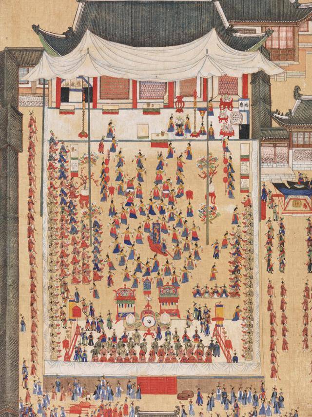 ‘화성능행도 병풍’ 중 봉수당진찬도. 1795년(정조 19) 어머니 혜경궁 홍씨를 모시고 아버지 사도세자의 묘소인 현륭원 참배를 마친 뒤 정조가 베풀었던 혜경궁 홍씨 회갑 잔치 장면을 그린 그림이다. 국립고궁박물관 제공