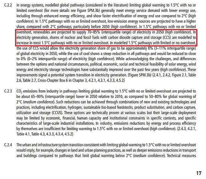 유엔 IPCC의 지구온난화 1.5도 특별보고서 요약본. “전력 생산에서 이산화탄소 포집 및 저장(CCS) 활용을 포함한 화석연료와 원자력의 비중(shares)은 대부분 증가하는 것으로 모델링됐다”고 서술돼 있지만, 이는 본문을 요약하는 과정에서 발생한 오류로 확인됐다. 원자력 비중은 오히려 줄어든다.