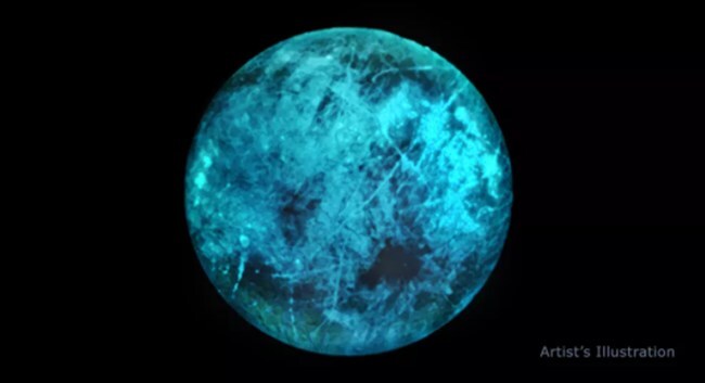 목성의 달 유로파의 야광. 햇빛을 받지 않아도 빛나는 모습을 표현한 일러스트.사진=NASA/JPL-칼텍