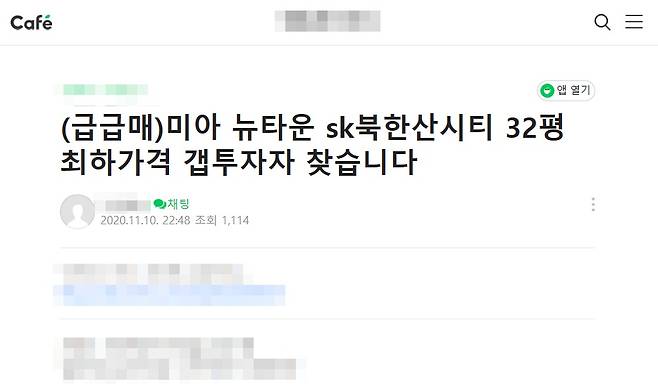 국내 한 부동산 온라인 카페에 올라온 매물 홍보 게시글 캡처.© 뉴스1