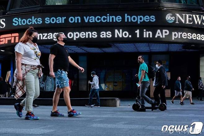 (AFP=뉴스1) = 9일 뉴욕 타임스퀘어 광고판에 '백신 희망으로 주가가 급등하다'는 내용의 헤드라인이 나오고 있다. 화이자 제약회사는 개발 중인 코로나19 백신이 임상시험에서 바이러스 감염 예방에 90% 효과가 있다는 긍정적인 결과를 발표했다.  ⓒ AFP=뉴스1