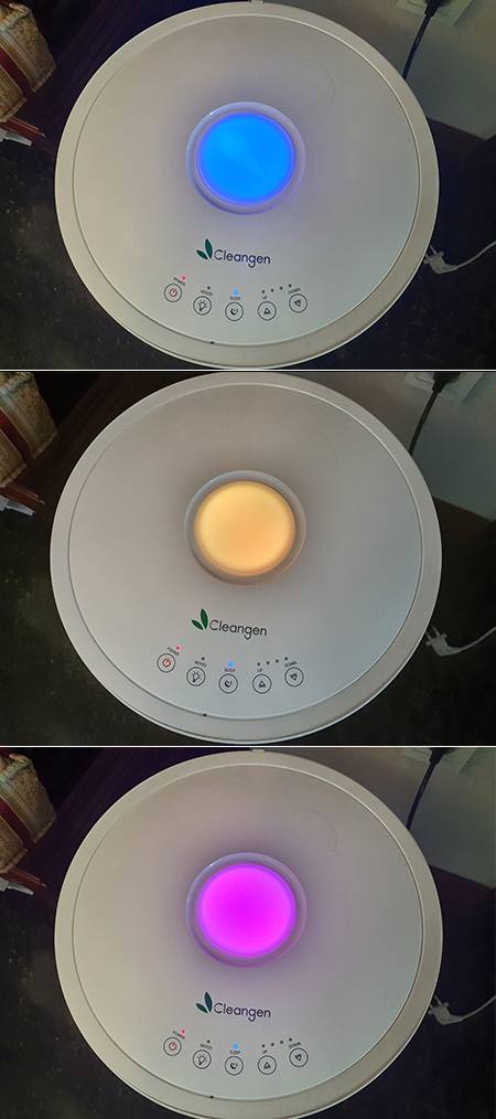 와이케이원 크린젠 공기청정기의 무드등을 켠 모습. 총 6가지 색상의 무드등을 제공한다.