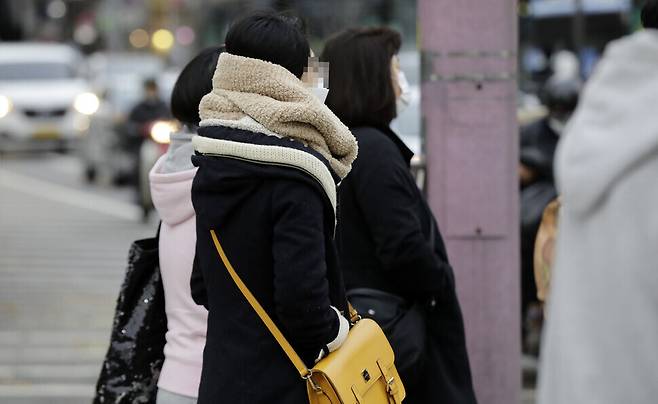 Seoulites head to work in their winter jackets near Gwanghwamun Square.