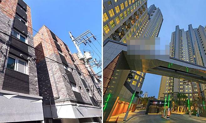 진선미 의원이 둘러본 임대주택과 살고있는 신축 아파트 - 진선미 더불어민주당 의원이 20일 둘러본 서울 동대문구 장안동의 한 매입임대 주택(왼쪽)과 진 의원이 살고 있는 서울 강동구 명일동 ‘래미안 솔베뉴’ 아파트 단지 모습. /네이버 로드뷰·삼성물산