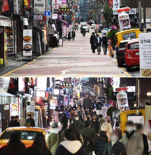 신종 코로나바이러스 감염증(코로나19) 확산세로 서울·경기 지역 사회적 거리 두기 1.5단계 상향 조정 후 첫 주말을 맞은 22일 낮 서울 강남구 강남역 주변이 한산하다(위 사진), 하지만 이 곳은 밤이 되면 불야성으로 변한다. 아래는 시민들로 붐비는 21일 밤 풍경. 오대근 기자·연합뉴스