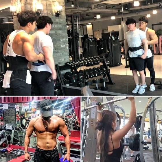 백두현 일산 A+ gym 트레이너가 헬린이인 회원의 개인 트레이닝(PT)을 지도하고 있다(위). 아래 사진 왼쪽은 친구들과 보디프로필을 찍은 임현진씨. 오른쪽은 런린이자 헬린이로, 역시 보디프로필을 촬영한 최진슬씨. [사진=백두현·임현진·최진슬]
