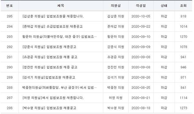 국회 홈페이지에 등록된 입법보조원 채용공고 [국회 홈페이지 캡처. 재판매 및 DB 금지]